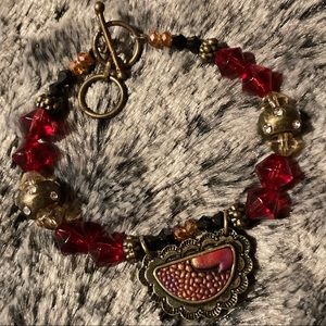 Embossed Leather Bracelet w/ Faceted Glass & Brass